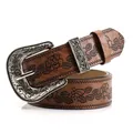 Cintura vintage da donna in pelle marrone con fiori goffrati e fibbia Western argento - caffè
