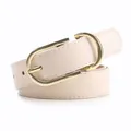 Elegante cintura in pelle beige da donna con fibbia ovale in oro lucido e cuciture fini - Beige