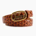 Glossy brown diamond-quilted leather belt with golden oval Julun metal buckle - Camel with Gold Buckle