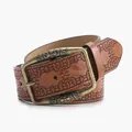 Ceinture vintage Y2K en cuir marron avec motifs gravés et boucle métallique ornementale - Camel
