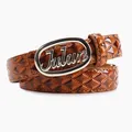 Brown patent leather belt with quilted diamond pattern and silver oval letter buckle - Camel-Silver Buckle
