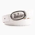 Glossy white quilted leather belt with silver oval Julun logo buckle for women - White-Silver Buckle