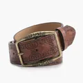 Ceinture rétro Y2K en cuir marron avec motifs floraux gaufrés et boucle bronze - café