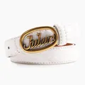Glossy white quilted leather belt with vintage gold Julun buckle for women - White-Gold Buckle