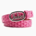 Pink patent leather belt with diamond quilted pattern and silver Julun logo buckle - Rose Red With Silver Buckle