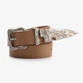 Brown leopard-style belt with vintage silver floral buckle and metal tip accessory - Khaki