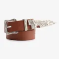 Brown western leather belt with embossed silver metal buckle and tip for jeans - Camel