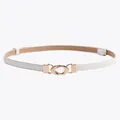 Minimalist white leather belt for women featuring a polished gold geometric metal buckle - White