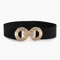 Cintura elastica nera da donna con fibbia geometrica dorata a doppio anello intrecciato - Nero