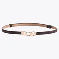 Slim dark brown leather belt for women with elegant golden interlaced oval buckle - Coffee