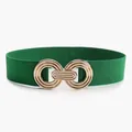 Dark green elastic waist belt with geometric gold double-ring buckle and textured finish - Green