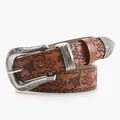 Vintage brown leather belt with butterfly print and large floral engraved buckle - Camel