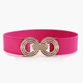 Elastic wide rose red waist belt with interlocking gold geometric circular buckle - Rose Red