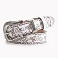 White vintage belt with butterfly prints and western floral engraved silver buckle - White