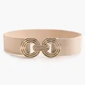Beige elastic waist belt with geometric gold interlocking rings and oval metal buckle - Beige