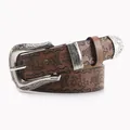 Brown leather belt with silver bohemian floral carvings and black butterfly prints - Coffee