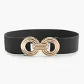 Women's black elastic waist belt featuring a polished gold interlocking double ring buckle - Dark Gray