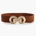 Women's dark brown wide elastic belt with interlocking gold geometric circle buckle - Camel