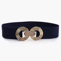Navy blue elastic waist belt featuring a stylish golden double ring geometric buckle - Navy Blue