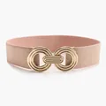 Women's light pink elastic waist belt with interlocking gold geometric double ring buckle - Pearlescent Pink