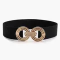 Black elastic waist belt for women with geometric gold double ring buckle closure - Pearlescent Black