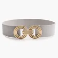 Gray elastic waist belt with interlocking gold geometric buckle and metallic finish - Pearlescent Silver