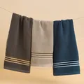 Three premium cotton towels in grey beige and navy blue with elegant striped texture - 75x35cm / Dark Satin Mixed Colors