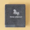 Dark grey cotton towel with horse embroidery and Horse popular text script - Horse(Horse popular) / Face Towel (75x35cm) / Gray