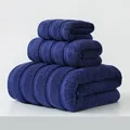 Set di tre asciugamani in cotone blu scuro con strisce verticali e morbida spugna - Blu scuro