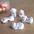 Set of 5 ceramic lucky cat figurines in various poses on a wooden background - Multi-Pose Lucky Cat Style
