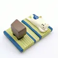 Japanse stijl ijsbeer miniatuur figuur op groene tatami mat met een bruine tafel - Waaier Witte Beer Tatami