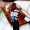Baguettes japonaises en bois naturel avec motif de chat porte-bonheur Maneki-neko bleu - Bleu