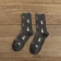 Dark grey crew socks featuring cute white cat silhouettes with polka dots and red hearts - One Size / Black