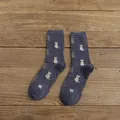 Cute dark blue mid-calf socks with white cat patterns and red hearts on wood background - One Size / Navy Blue