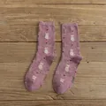 Japanese retro heather purple crew socks with white cat silhouette and red hearts - One Size / Pink Purple