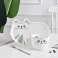 Cute white ceramic cat coffee cup and matching long cat-shaped tray set - Cup Saucer And Spoon / Grey Spotted Cat