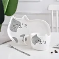 Cute white ceramic cat coffee mug and saucer set with grey cat face painting design - Cup Saucer And Spoon / Grey Faced Cat