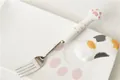 Ensemble fourchette et plateau en céramique mignonne avec motif patte de chat rose - Manche Blanc Points Roses Fourchette