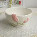 Handcrafted white ceramic bowl with elegant pink tulip relief for cereal and snacks - Dessert Bowl / Pink