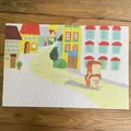 Vue détaillée du tapis brodé motif personnage pain sur une table en bois rétro - Napperon Voleur De Pain De Type B