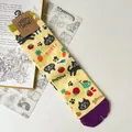 Gele Japanse halverwege de kuit sokken met paarse teen en zwart kattenpatroon motieven - Geel