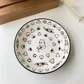Ceramic cat and rice ball plate with blue underglaze illustration and black rim - Black Deep Plate