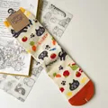 Japanse stijl crème sokken met cartoon zwarte kat en groenten jacquard patronen - Broken Wit