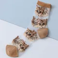 Sheer mid-calf socks with cute cat jacquard pattern and contrast brown trim detail - Khaki