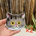 Set of 2 cute grey striped cat face ceramic condiment dishes for soy sauce and dip - Grey Tabby Cat