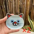 Set of two light blue ceramic cat-shaped sauce dishes with cute hand-painted faces - Russian Blue Cat
