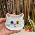 Set of 2 white ceramic cat face dipping dishes with heterochromia blue and yellow eyes - White Cat
