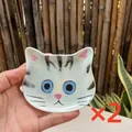Set of 2 cute ceramic cat-shaped sauce dishes with blue eyes and grey tabby patterns - White with Grey Stripes Cat