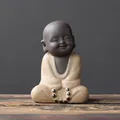 Zen purple clay monk figurine in beige robe with black beads for tea tray decoration - Buddhist Prayer Beads