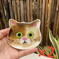 Set of two calico cat face ceramic dipping sauce dishes with green eyes and cute whiskers - Ginger and Brown Spotted Cat